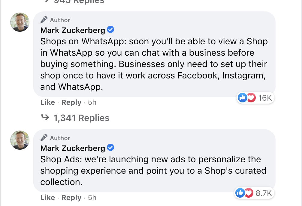 mark zuckerberg facbook announcement ecommerce 2